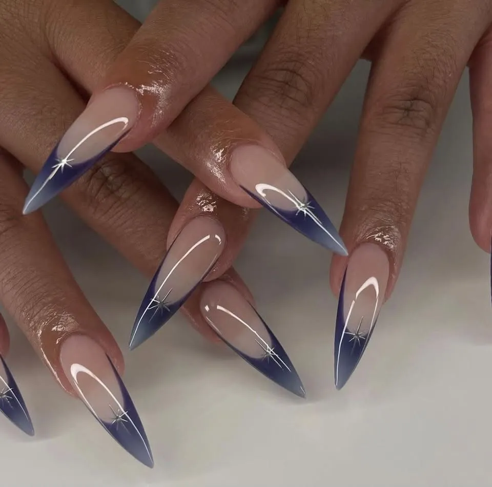 navy stiletto french tips by Jasmine