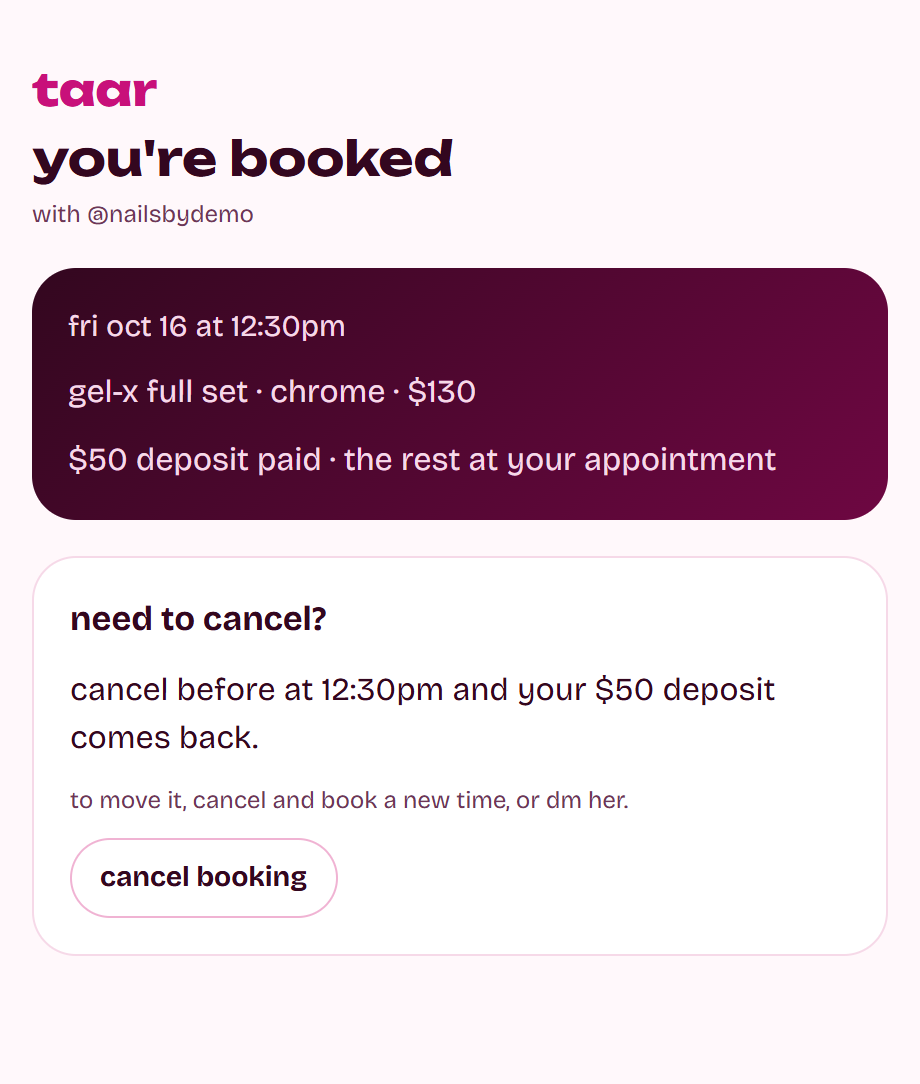 A Taar booking confirmation reading: you're booked, with @nailsbydemo, fri oct 16 at 12:30pm, gel-x full set, $50 deposit paid.