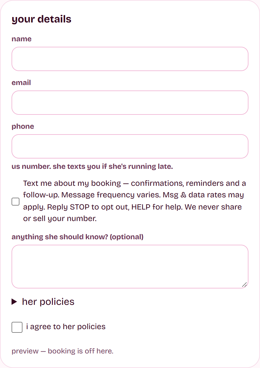 The Taar booking form, showing the name, email and phone fields and an unchecked checkbox reading: Text me about my booking — confirmations, reminders and a follow-up. Message frequency varies. Msg and data rates may apply. Reply STOP to opt out, HELP for help. We never share or sell your number.